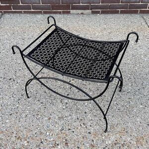 Mid-Century Modern Perforated Black Metal Vanity Bench Stool